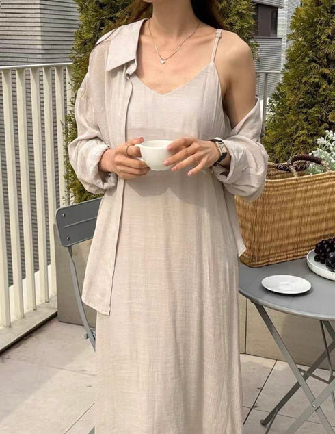 Women Two Piece Set of Sleeves Long A-line Dresses with Shirts